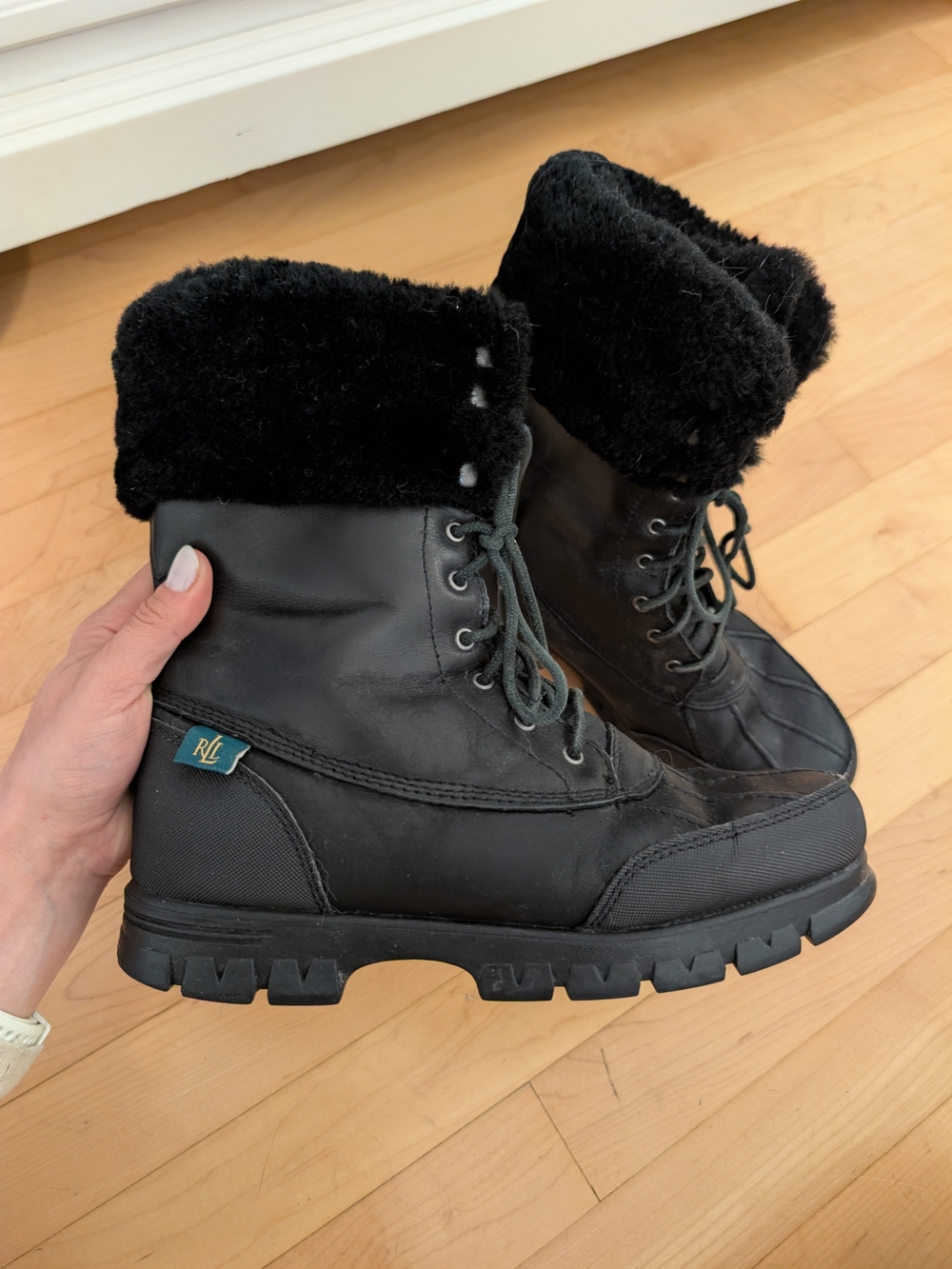 Lauren Ralph Lauren Women's Quinta Black Leather Shearling Winter Boots, Size 7